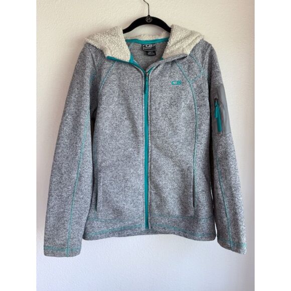 CB Sports Womens Zip Up Knit Hooded Jacket with Fleece Lined Hood in Gray & Teal - Picture 2 of 10